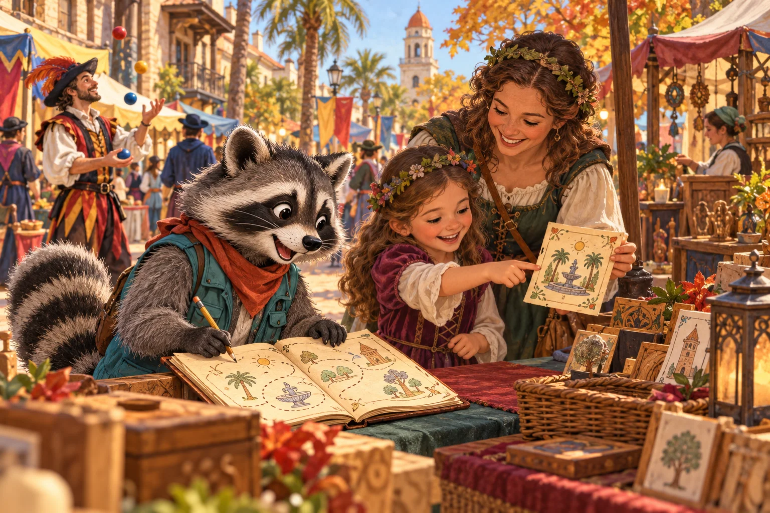 Rita Raccoon studies a quest journal with a family at a maker’s booth during an illustrated Renaissance festival in downtown Sanford.