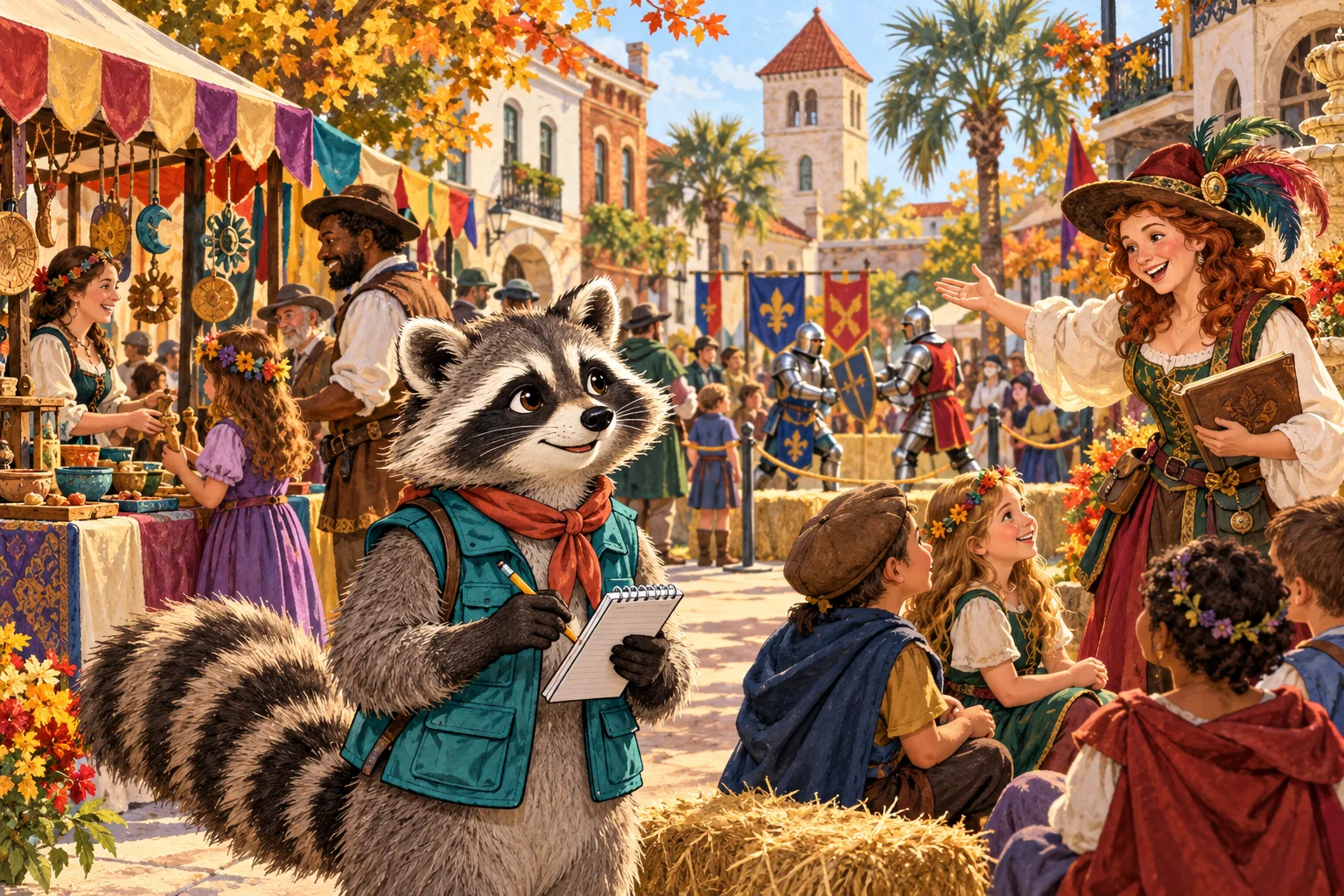 Rita Raccoon reports from a welcoming downtown Renaissance festival as families visit local maker stalls and watch friendly armored demonstrations.