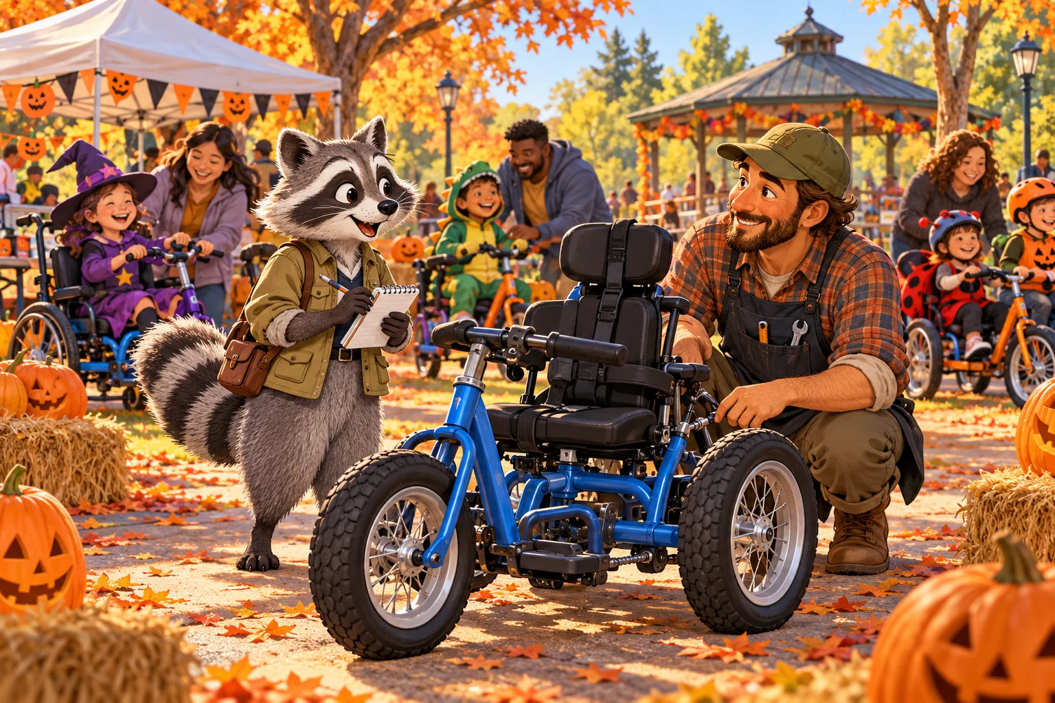 Rita Raccoon and a volunteer inspect a custom adaptive tricycle at an autumn community park