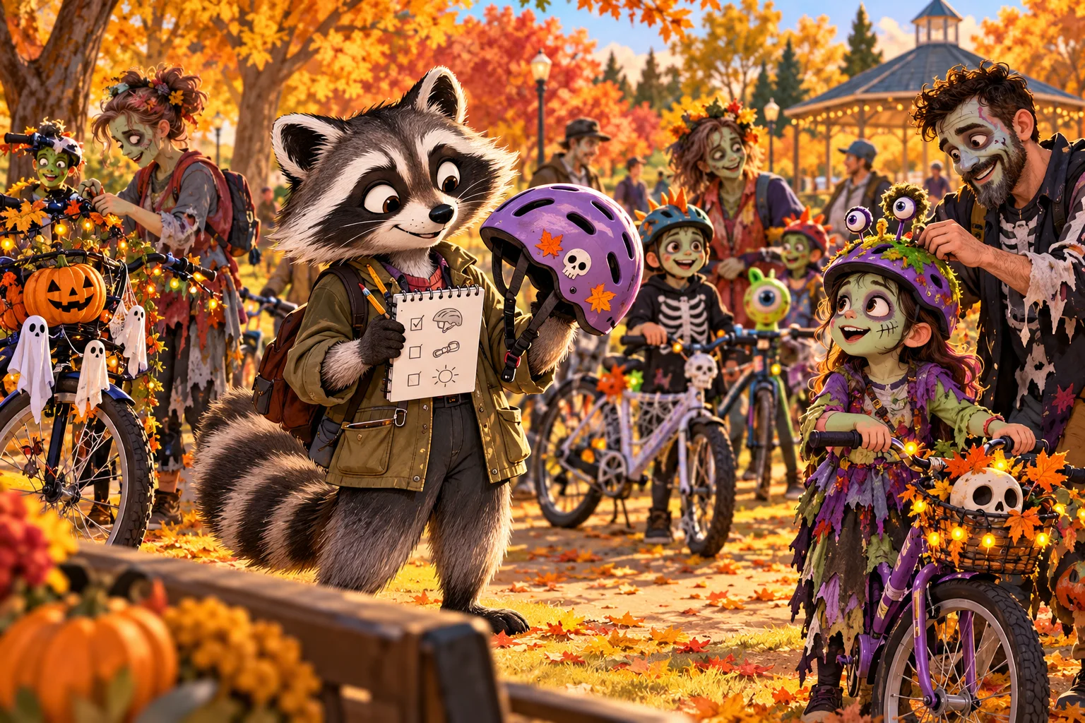 Editorial illustration of Rita Raccoon checking a bicycle helmet as families prepare decorated bikes for a Halloween community parade