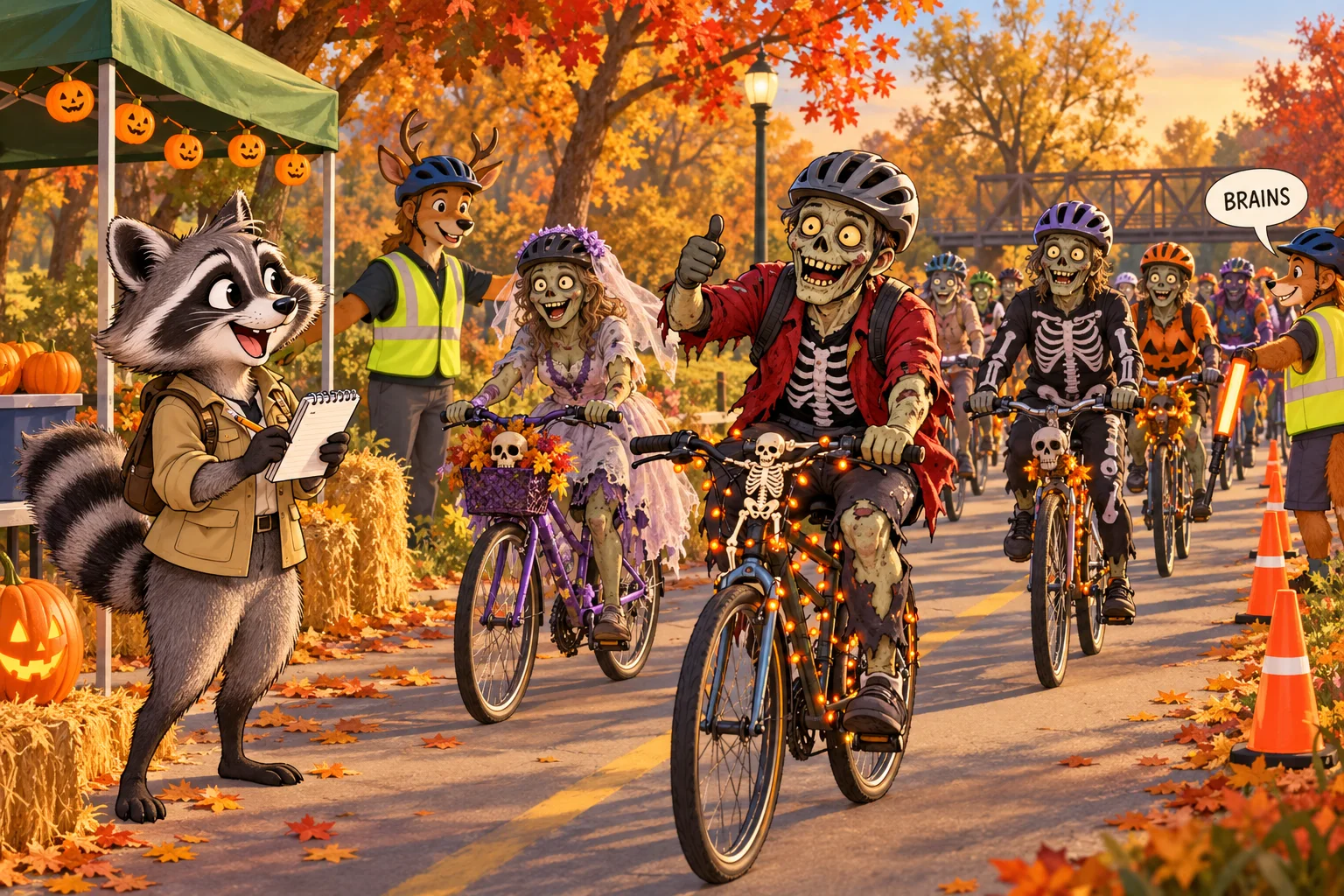 Rita Raccoon records notes as helmeted Halloween-costumed cyclists follow volunteer ride leaders through an autumn park