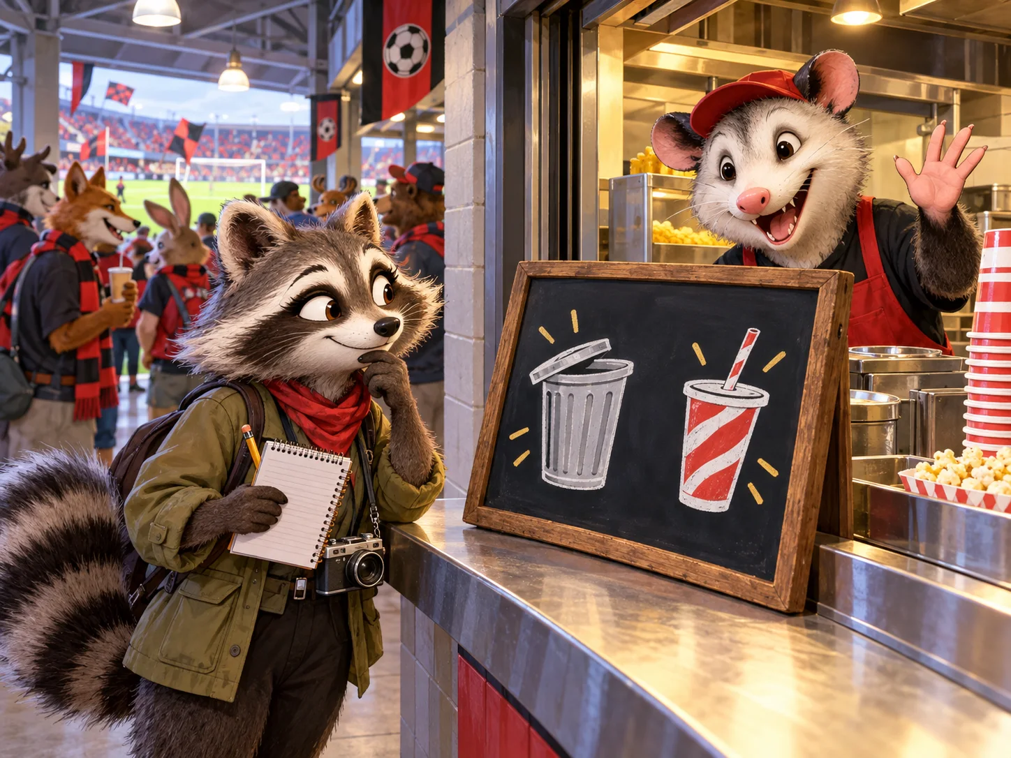 Rita Raccoon studies a stadium concession board illustrated with a trash can and a drink while an opossum mascot waves.