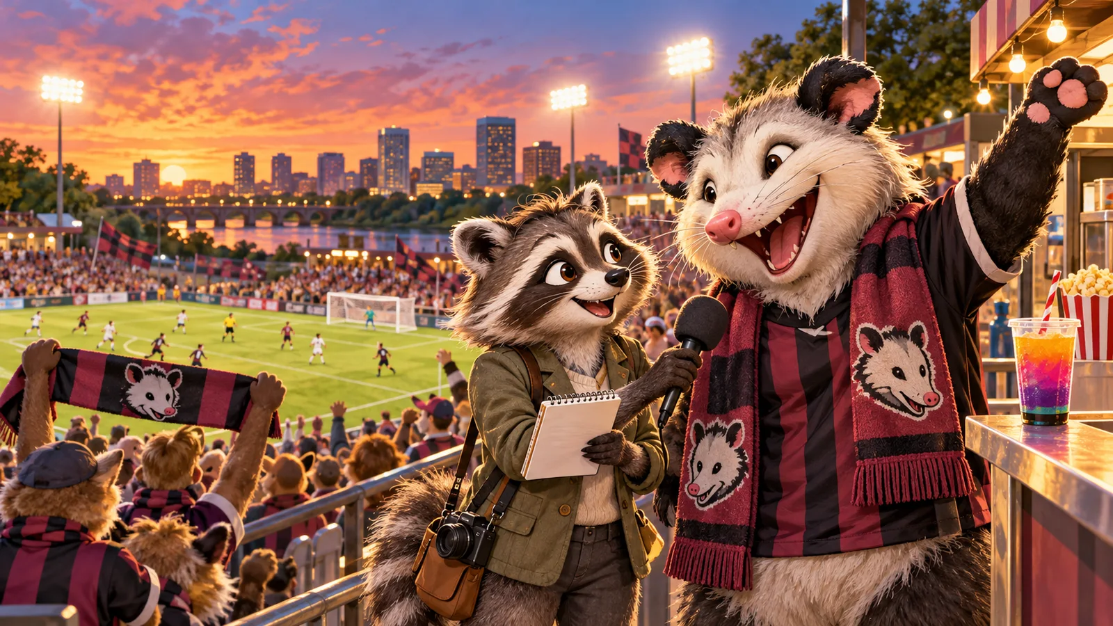 Rita Raccoon interviews a cheerful Virginia opossum mascot as fans watch a Richmond soccer match.